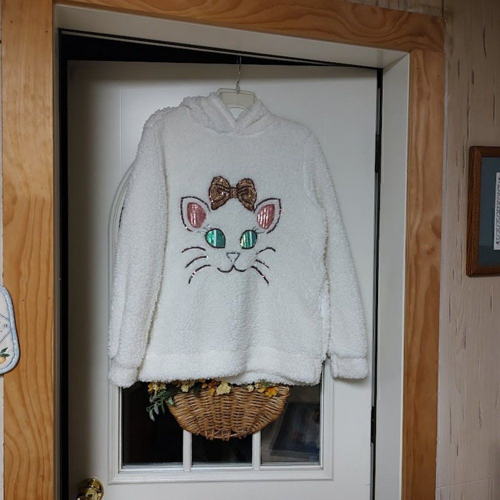 New Say What White Sequin Cat Sherpa Hoodie Size Junior L